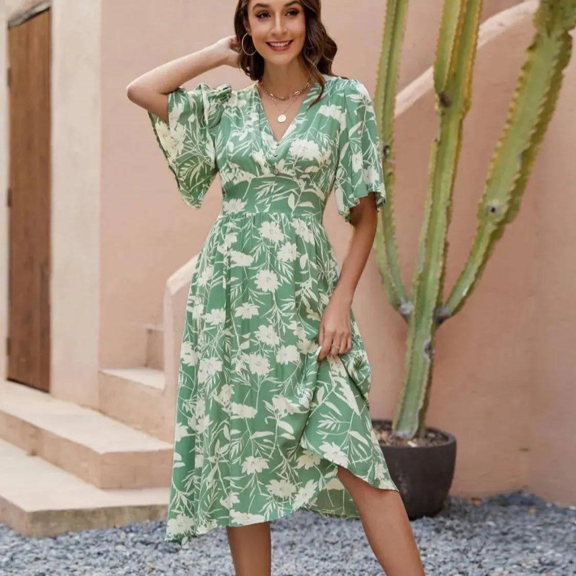 Printed V-Neck Flutter Sleeve Dress Trendsi