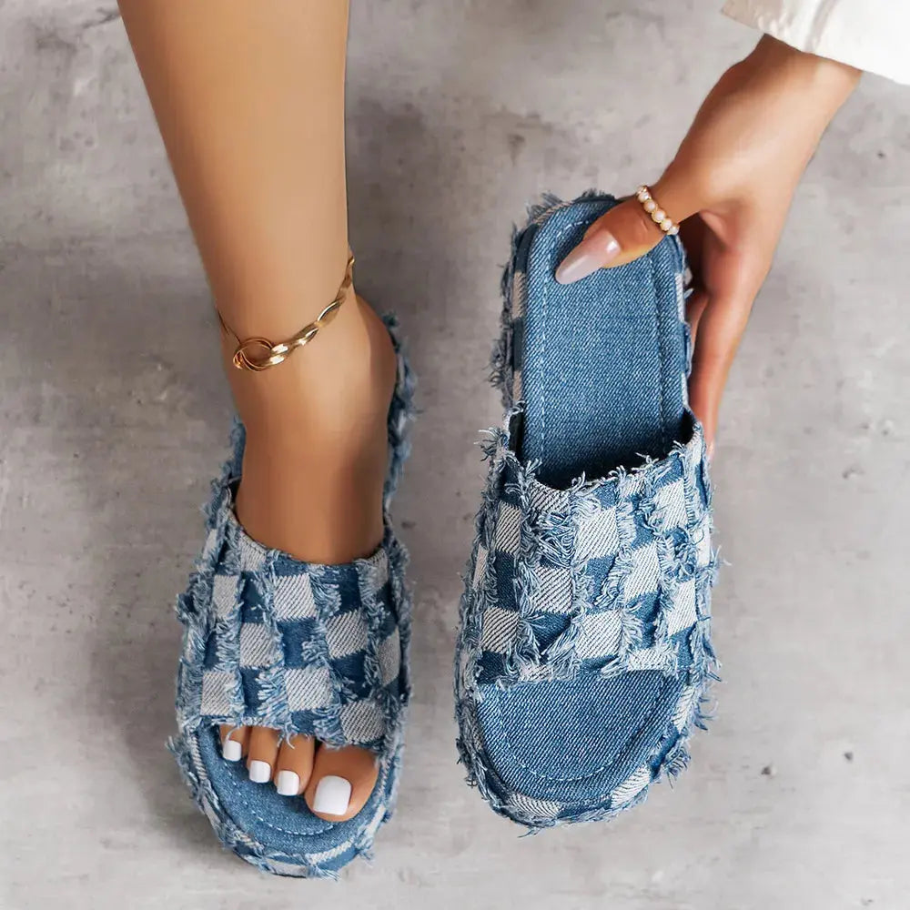 Raw Hem Plaid Platform Sandals Trendsi