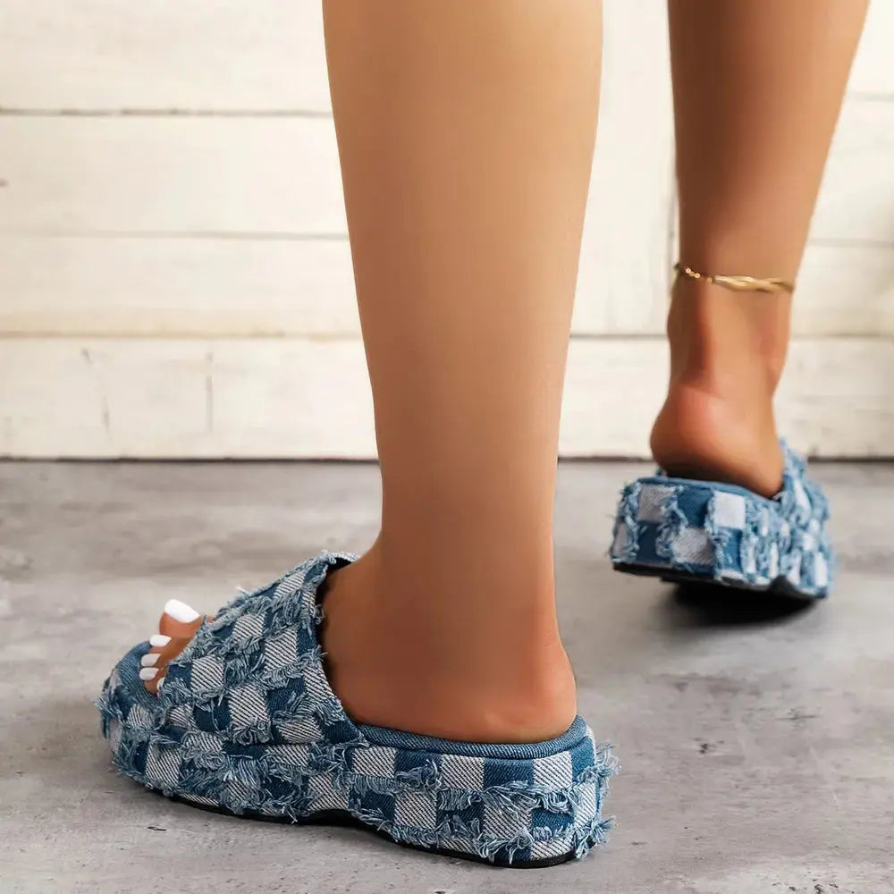 Raw Hem Plaid Platform Sandals Trendsi