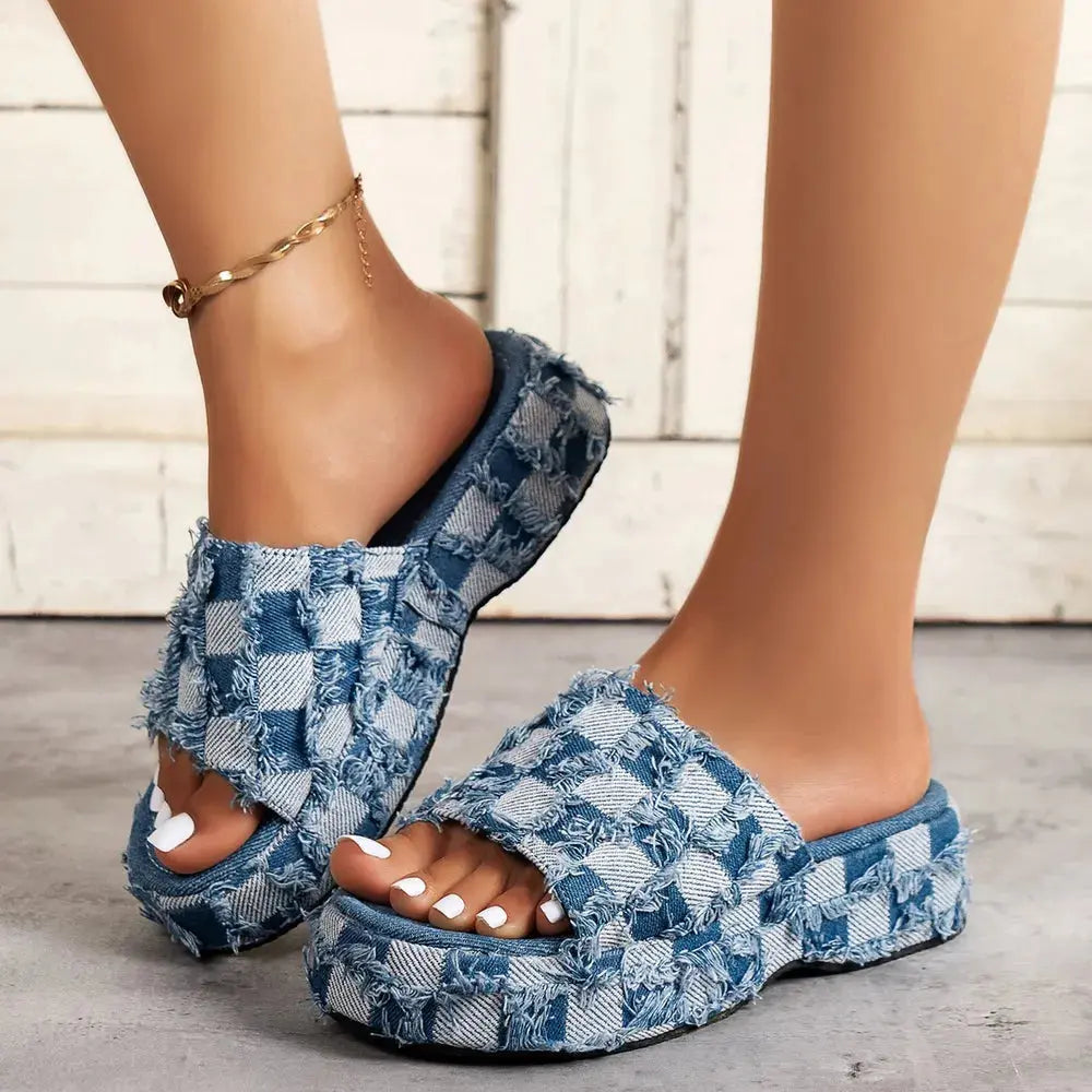 Raw Hem Plaid Platform Sandals Trendsi