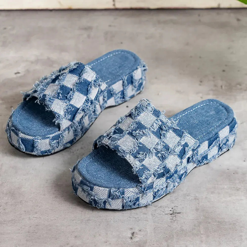Raw Hem Plaid Platform Sandals Trendsi