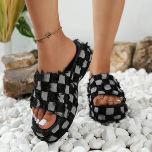 Raw Hem Plaid Platform Sandals Trendsi