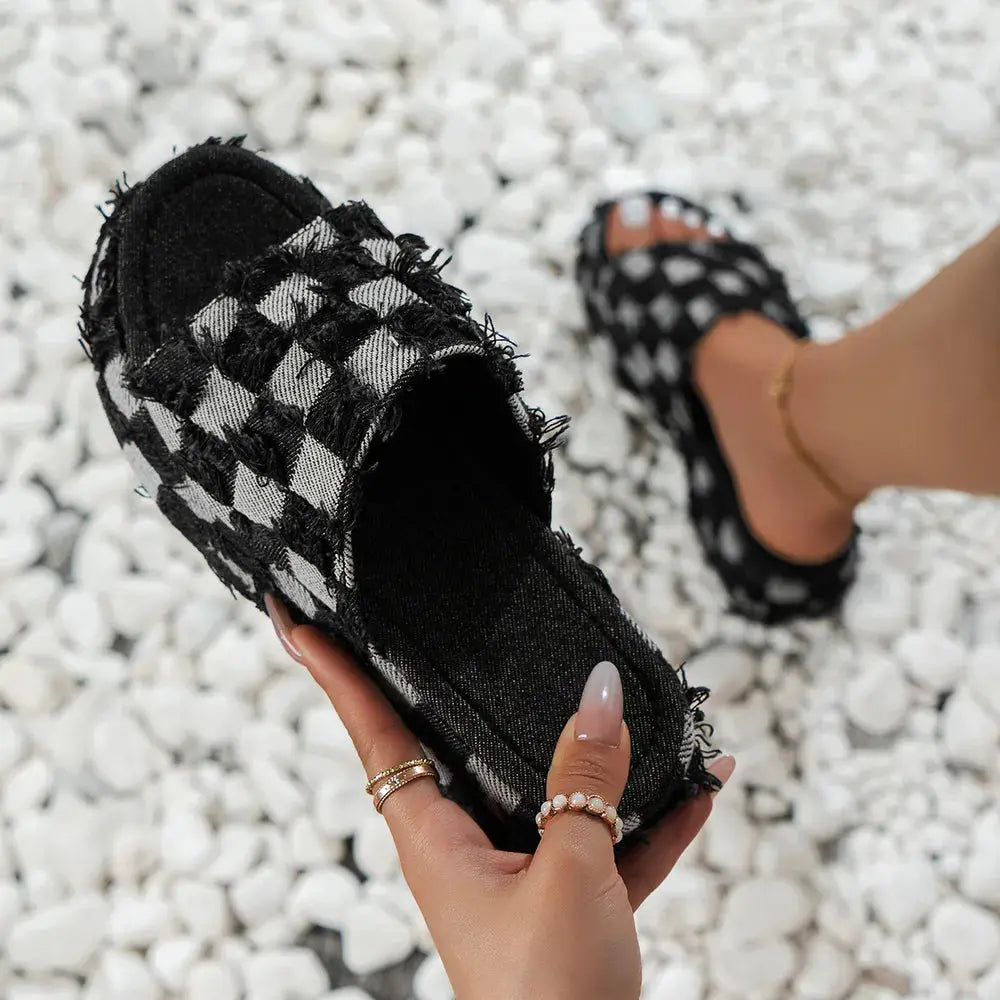 Raw Hem Plaid Platform Sandals Trendsi
