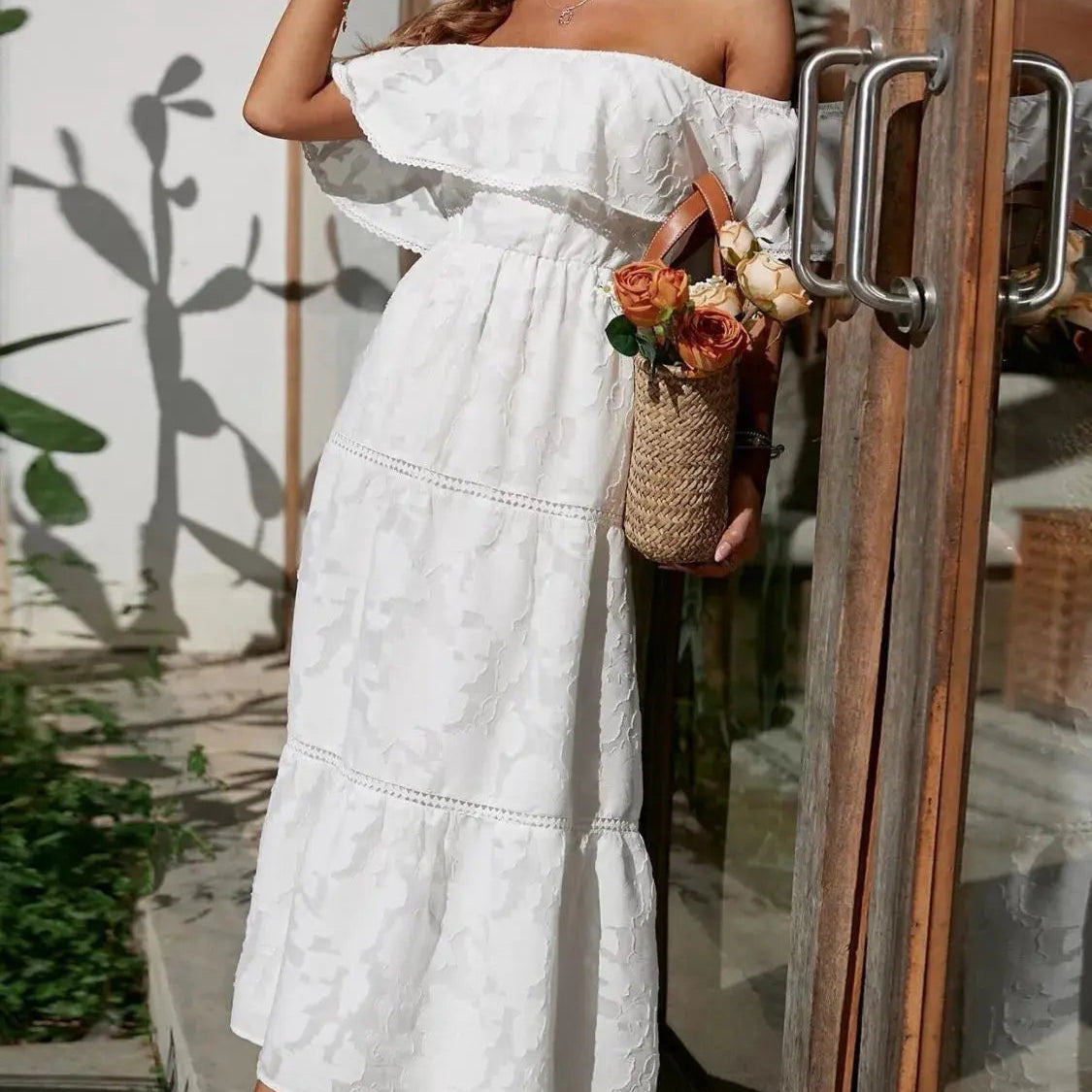 Ruched Off Shoulder Short Sleeve Midi Dress Trendsi