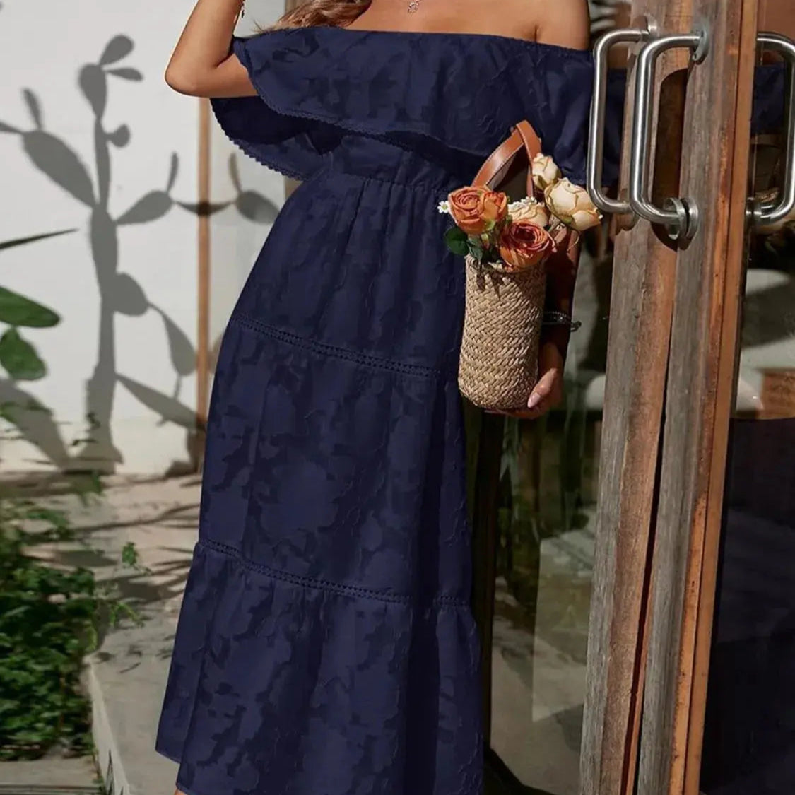 Ruched Off Shoulder Short Sleeve Midi Dress Trendsi