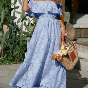 Ruched Off Shoulder Short Sleeve Midi Dress Trendsi