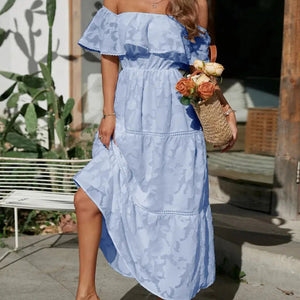 Ruched Off Shoulder Short Sleeve Midi Dress Trendsi