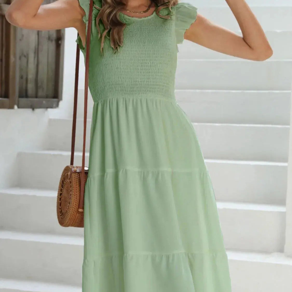 Ruffled Round Neck Cap Sleeve Dress Trendsi