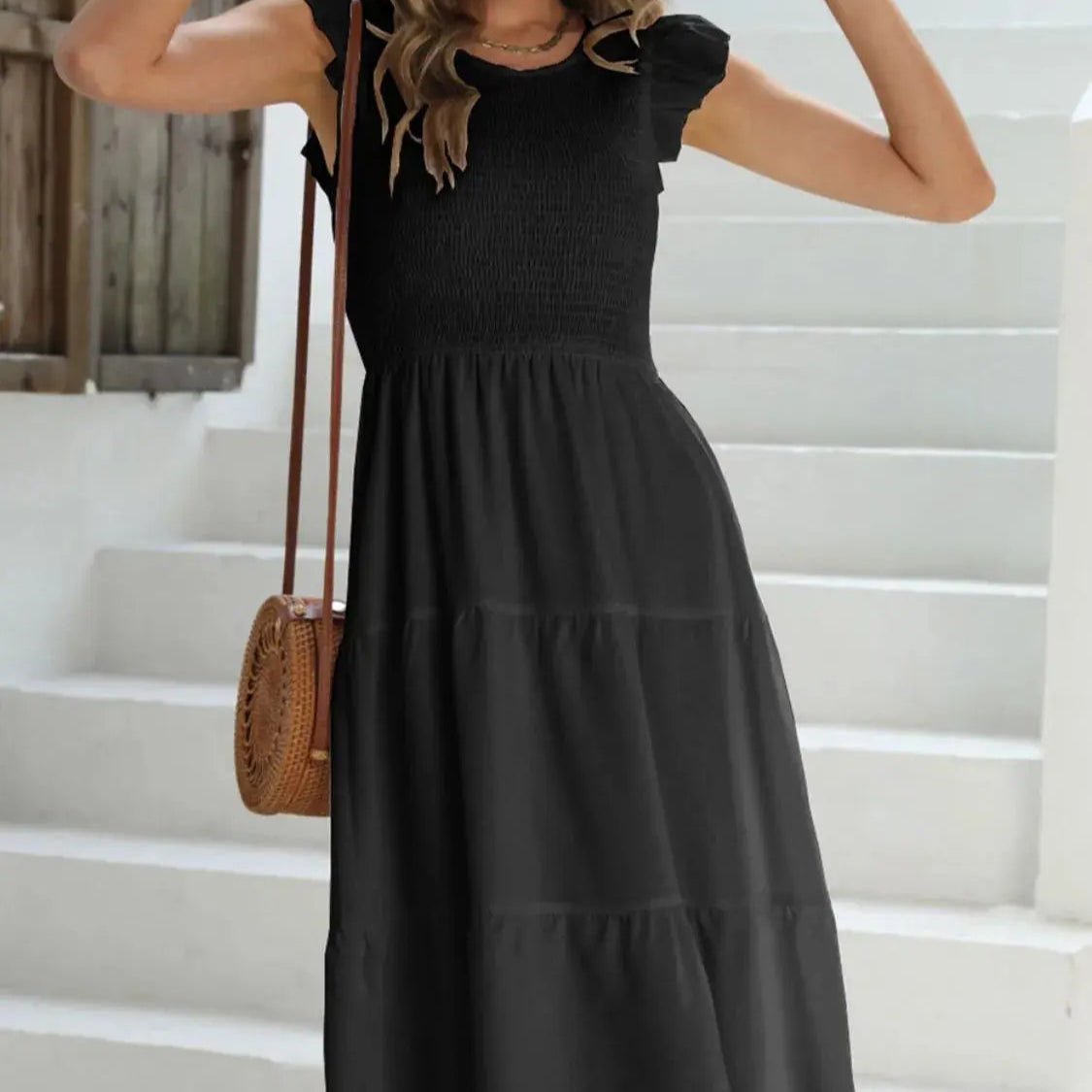 Ruffled Round Neck Cap Sleeve Dress Trendsi