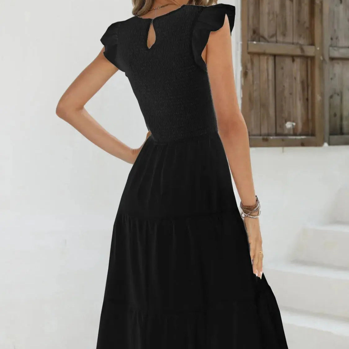 Ruffled Round Neck Cap Sleeve Dress Trendsi