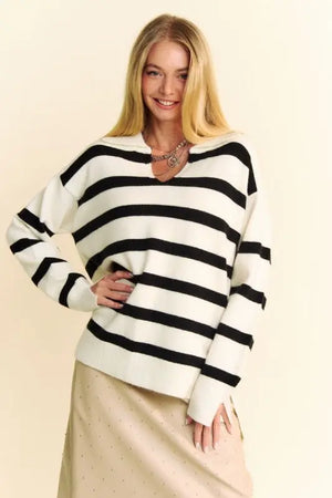 Slick | Davi & Dani High-Low Side Slit Striped Johnny Collar Sweater Trendsi