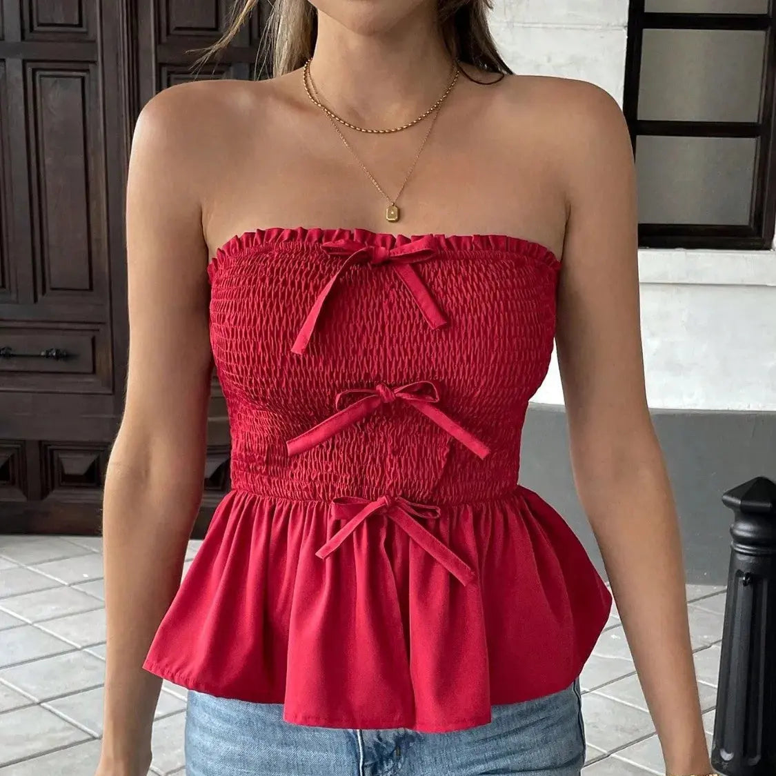 Smocked Bow Tube Top Trendsi