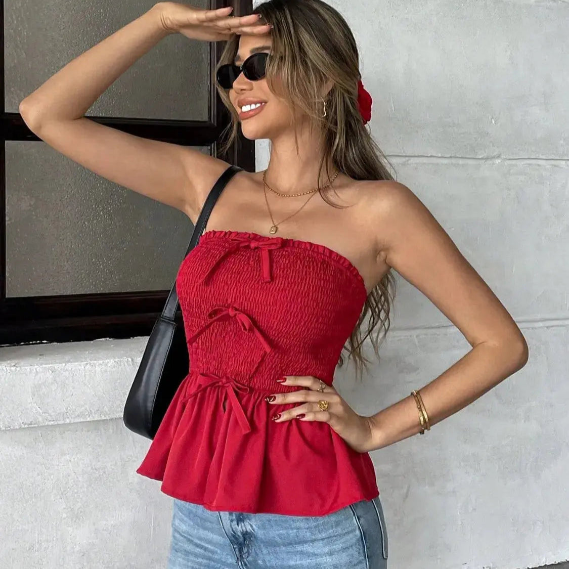 Smocked Bow Tube Top Trendsi