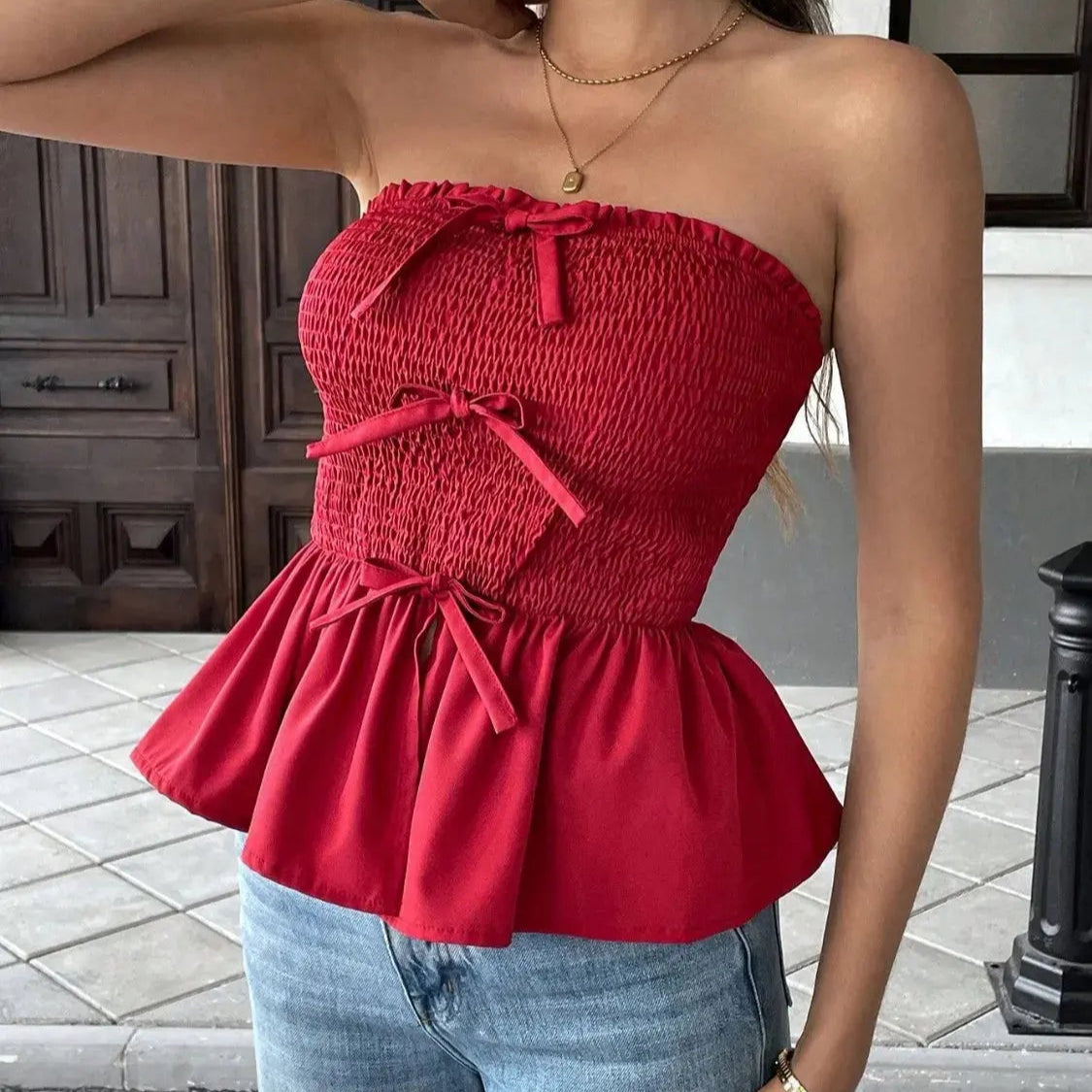 Smocked Bow Tube Top Trendsi
