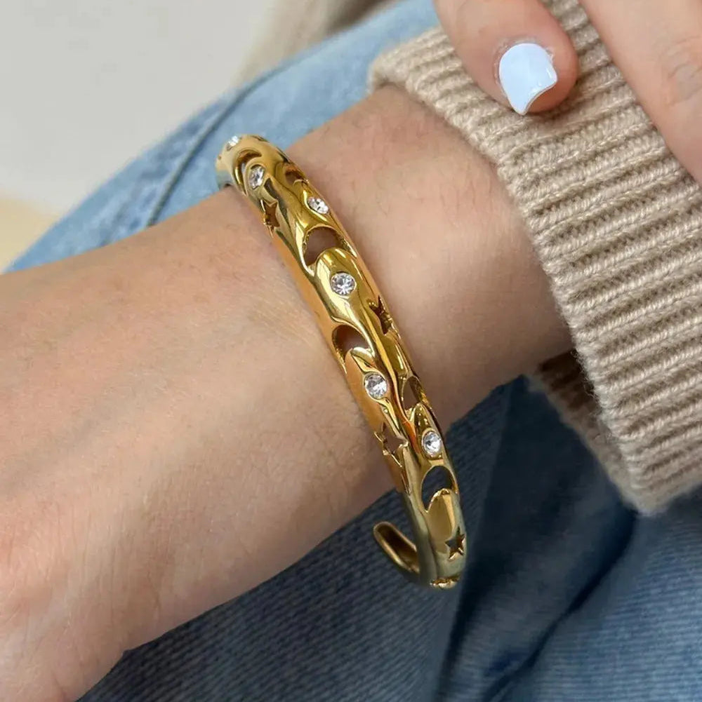 Stainless Steel Inlaid Rhinestone Cutout Bracelet Trendsi