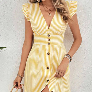 Striped Button Front Cap Sleeve Dress Trendsi