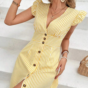 Striped Button Front Cap Sleeve Dress Trendsi