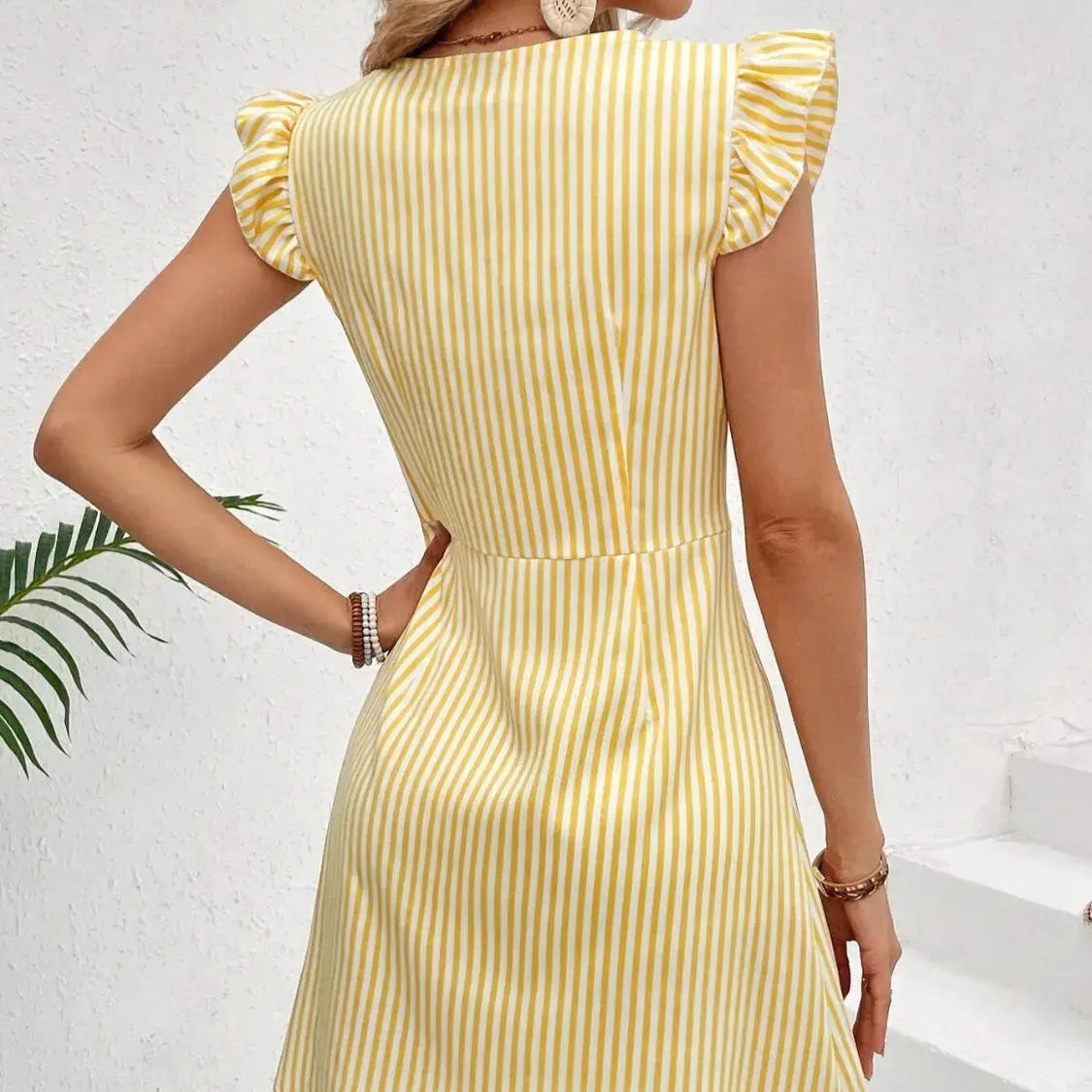 Striped Button Front Cap Sleeve Dress Trendsi