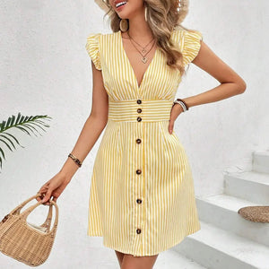 Striped Button Front Cap Sleeve Dress Trendsi