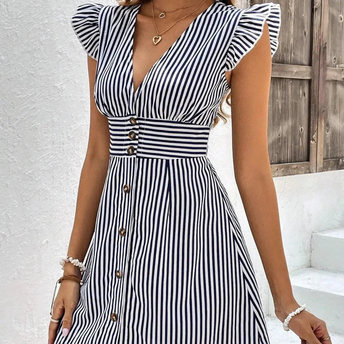 Striped Button Front Cap Sleeve Dress Trendsi