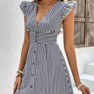 Striped Button Front Cap Sleeve Dress Trendsi