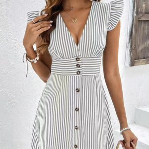 Striped Button Front Cap Sleeve Dress Trendsi