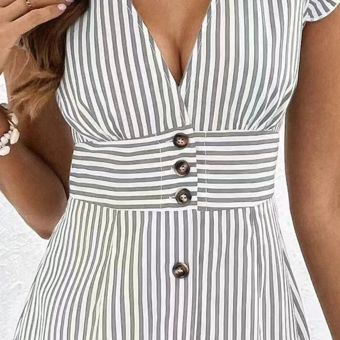 Striped Button Front Cap Sleeve Dress Trendsi