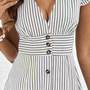 Striped Button Front Cap Sleeve Dress Trendsi