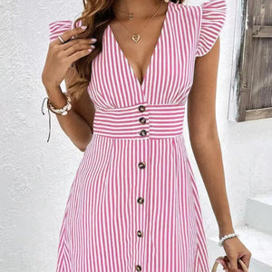 Striped Button Front Cap Sleeve Dress Trendsi