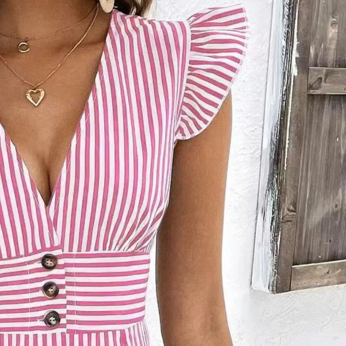 Striped Button Front Cap Sleeve Dress Trendsi