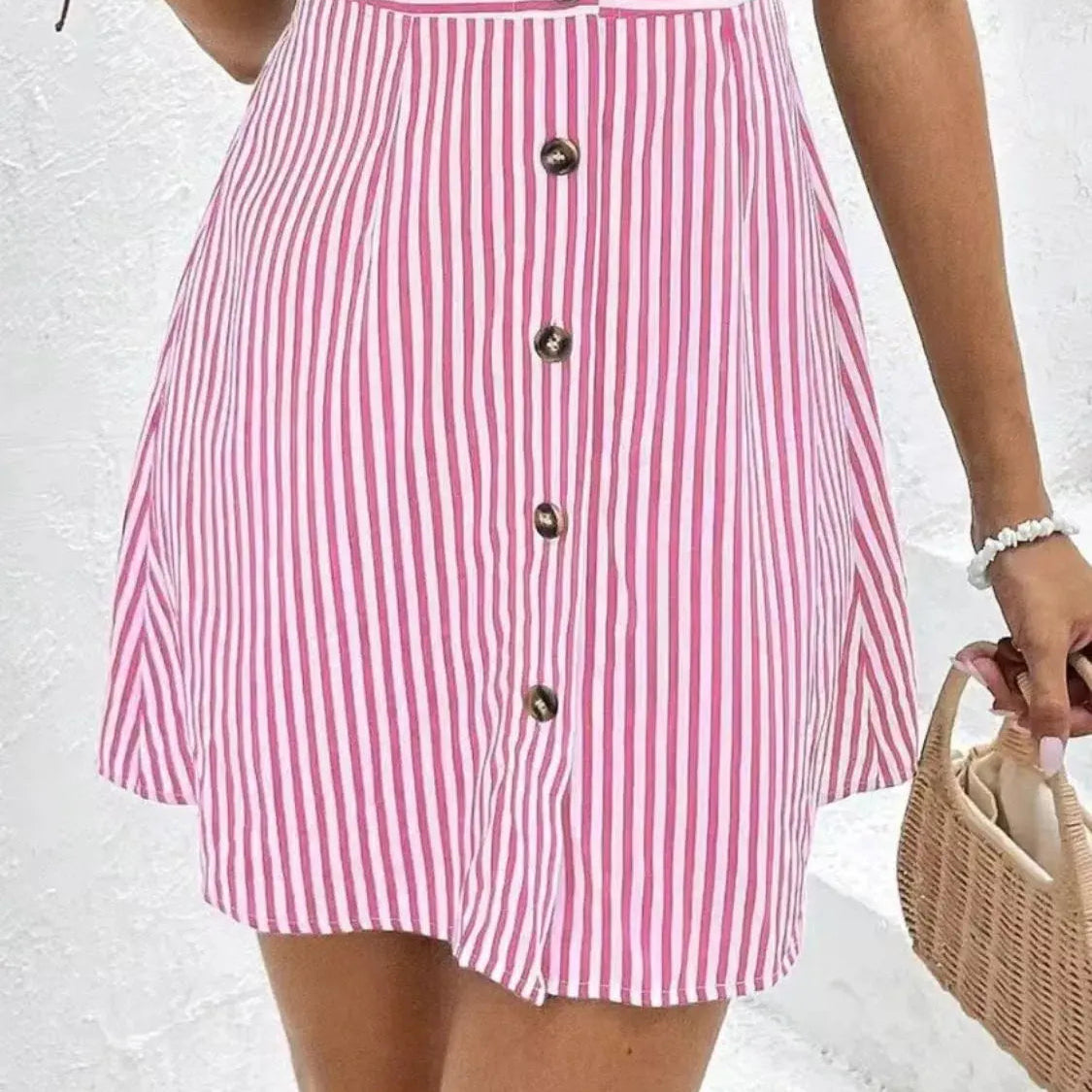 Striped Button Front Cap Sleeve Dress Trendsi
