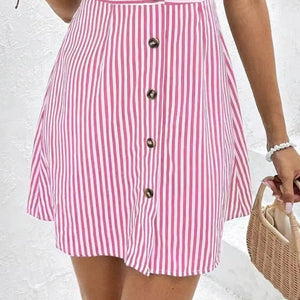 Striped Button Front Cap Sleeve Dress Trendsi