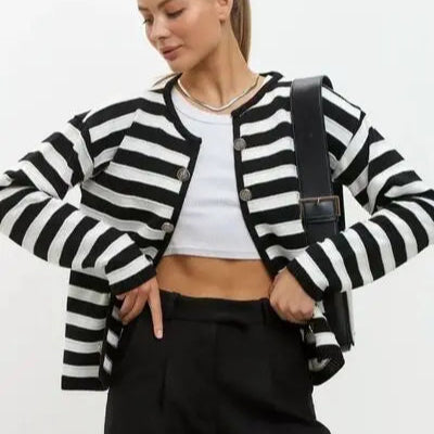 Striped Dropped Shoulder Long Sleeve Cardigan Trendsi