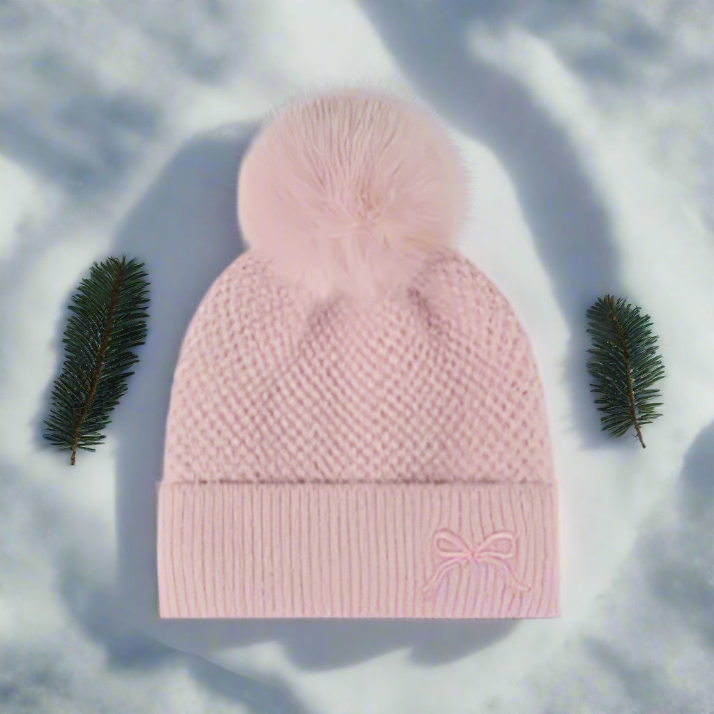 Thermal Bow Knit Hat with Pompom Trendsi