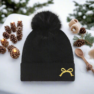 Thermal Bow Knit Hat with Pompom Trendsi