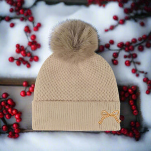 Thermal Bow Knit Hat with Pompom Trendsi