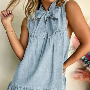 Tie Neck Sleeveless Denim Dress Trendsi