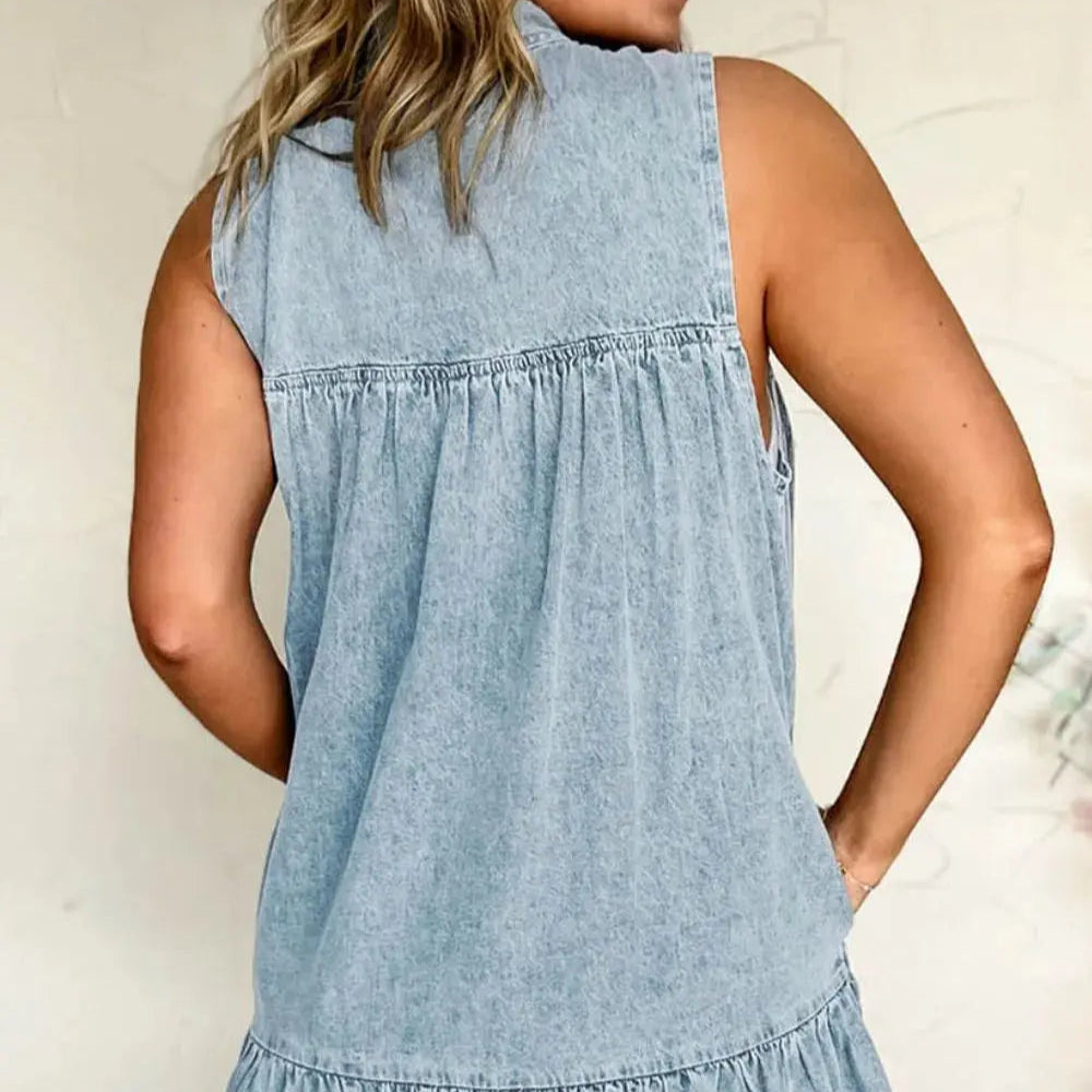 Tie Neck Sleeveless Denim Dress Trendsi