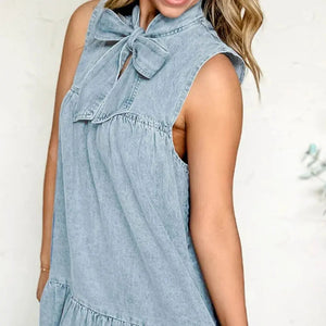 Tie Neck Sleeveless Denim Dress Trendsi