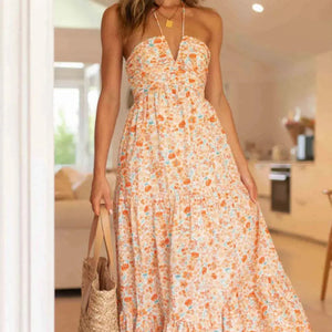 Tiered Halter Neck Printed Cami Dress Trendsi