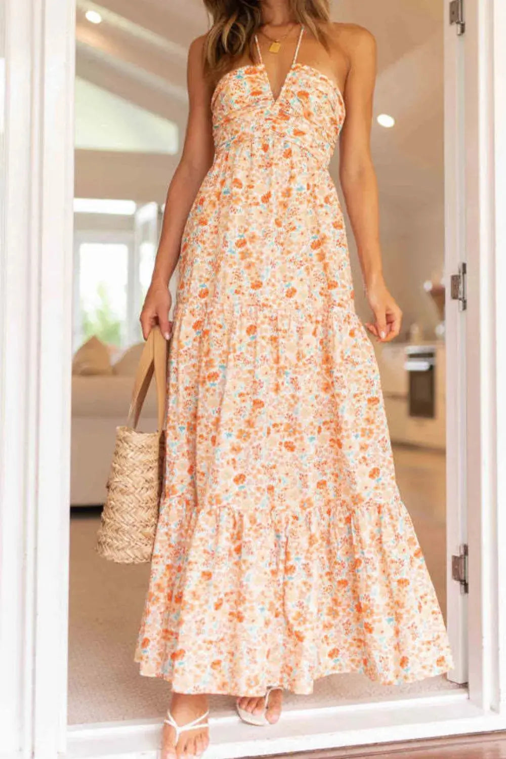 Tiered Halter Neck Printed Cami Dress Trendsi