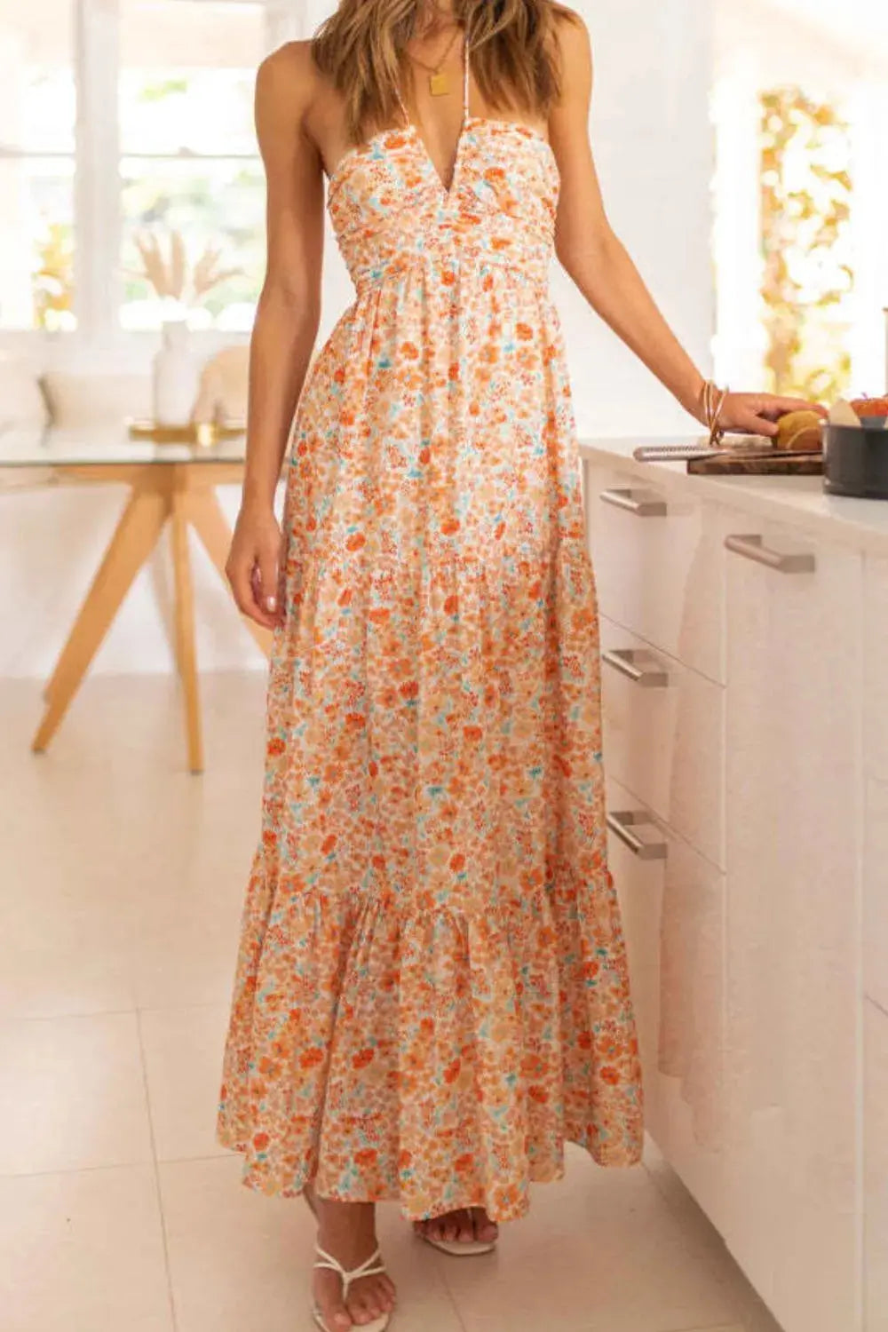 Tiered Halter Neck Printed Cami Dress Trendsi