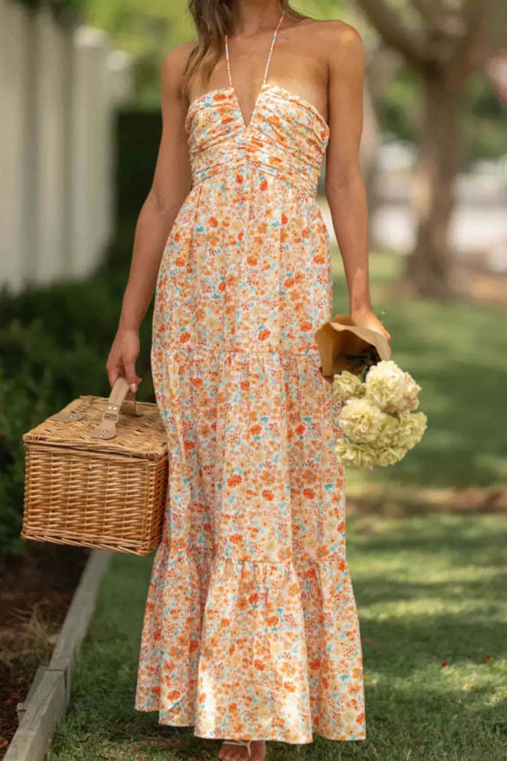 Tiered Halter Neck Printed Cami Dress Trendsi