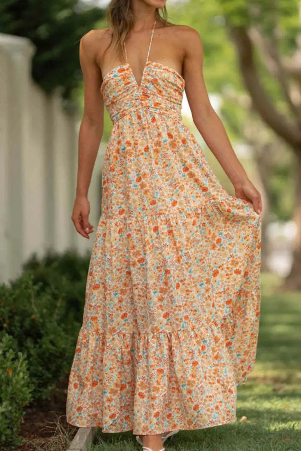 Tiered Halter Neck Printed Cami Dress Trendsi