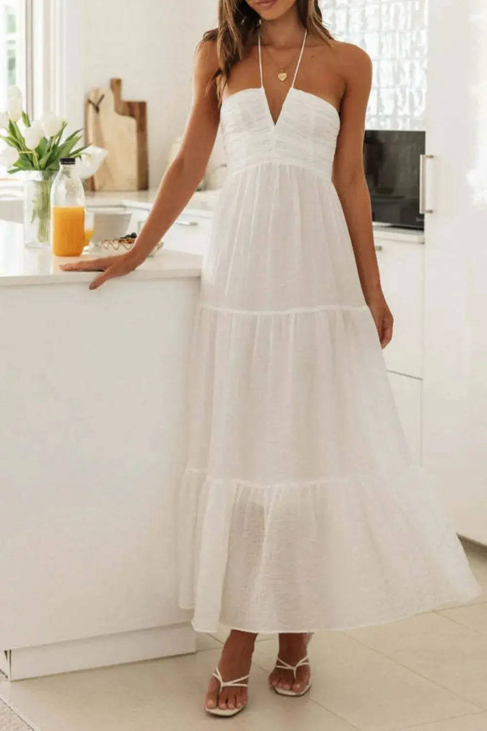 Tiered Halter Neck Printed Cami Dress Trendsi