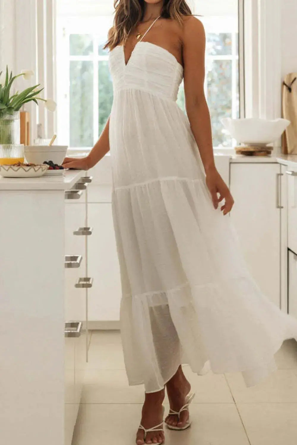 Tiered Halter Neck Printed Cami Dress Trendsi