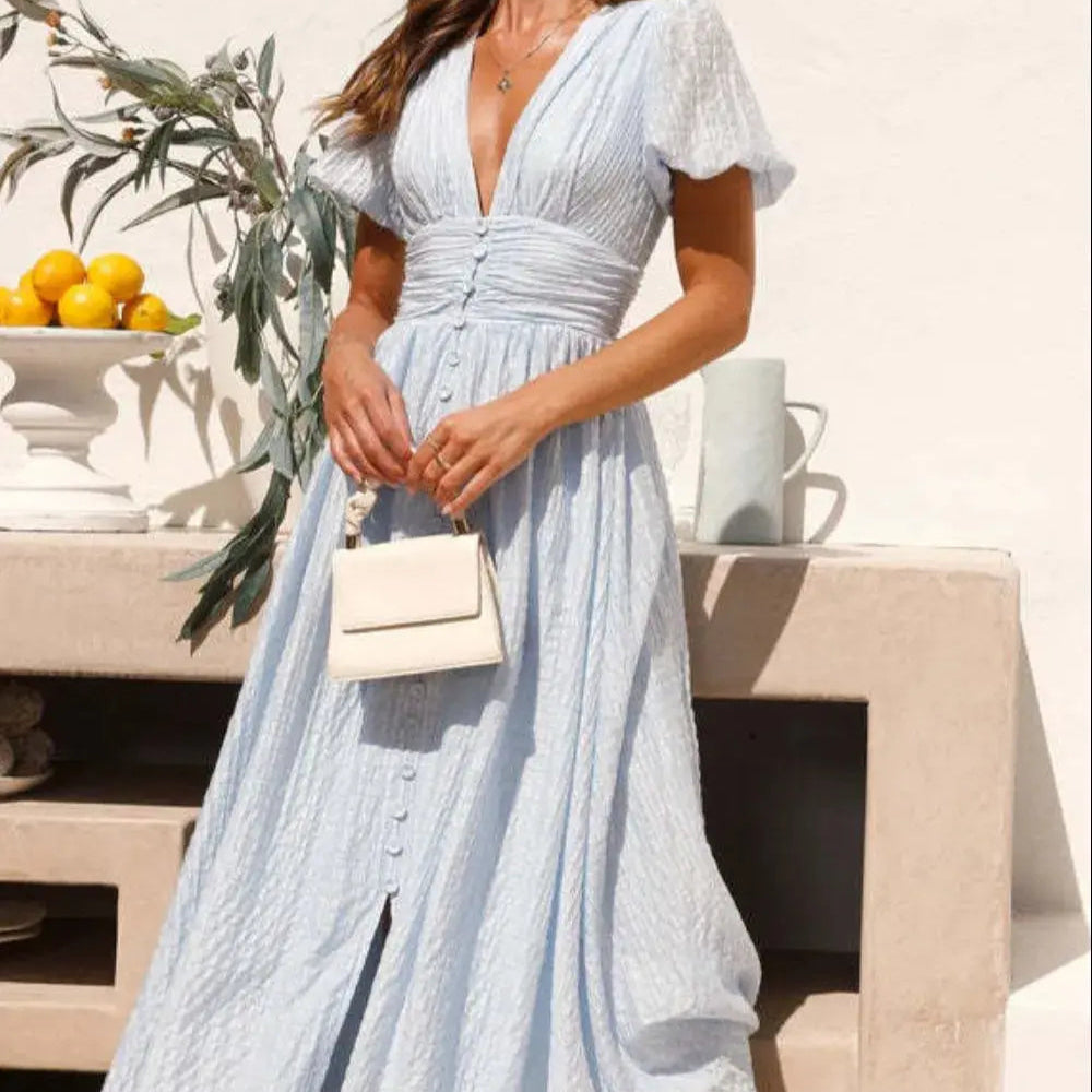 V-Neck Puff Short Sleeve Midi Dress Trendsi