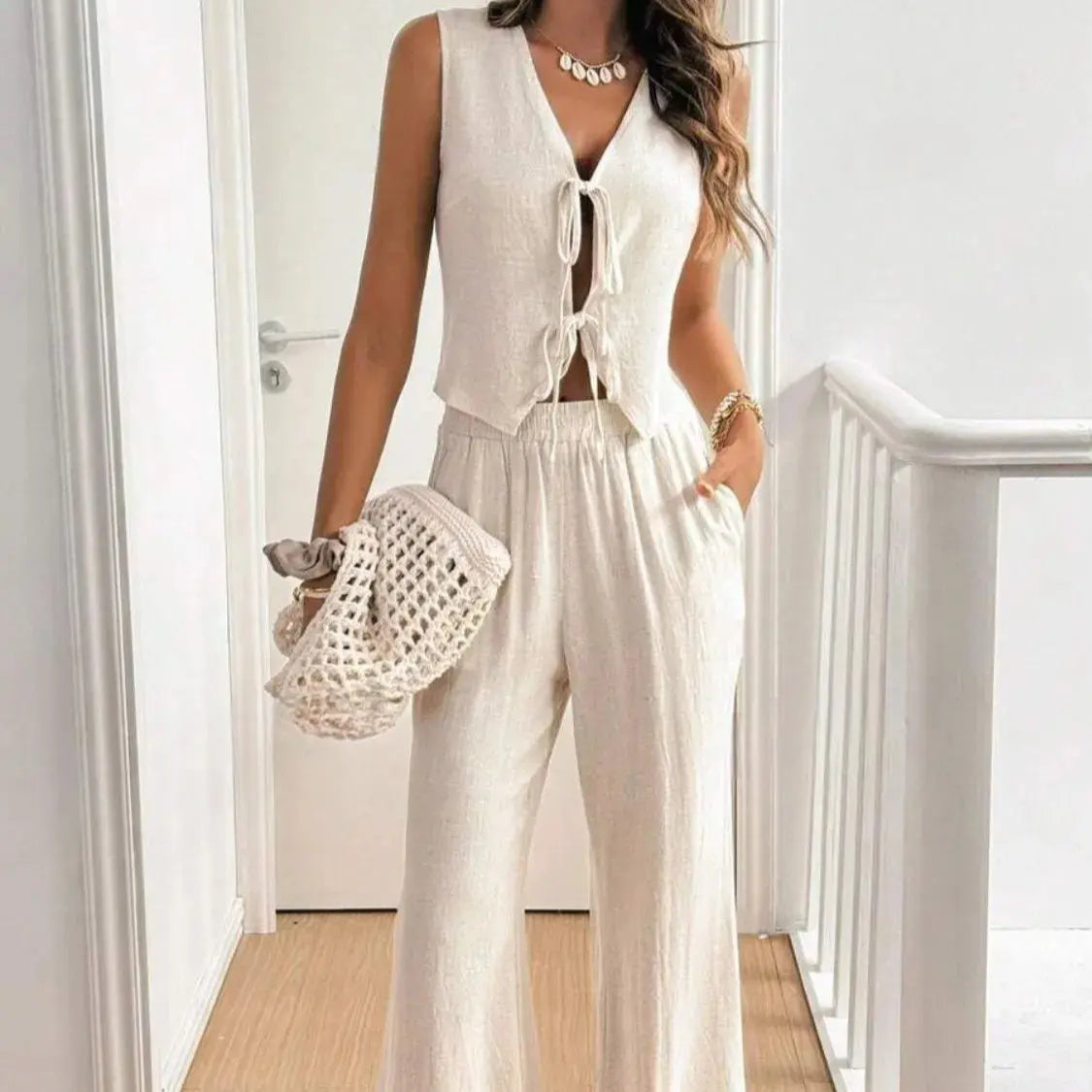 V Neck Sleeveless Top and Pants Set Trendsi