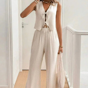 V Neck Sleeveless Top and Pants Set Trendsi