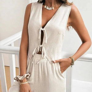 V Neck Sleeveless Top and Pants Set Trendsi